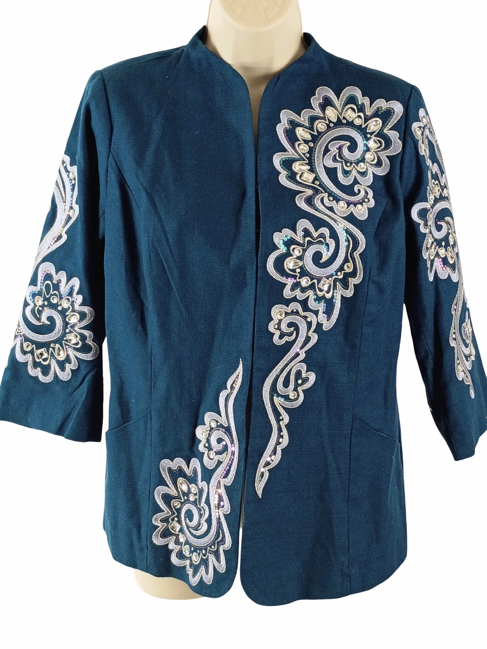 Bob Mackie Teal Embroidered Blazer with White and Silver Accents